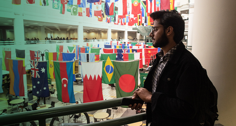 A student looks out over the flags decorating the Johnson Center during International Week
