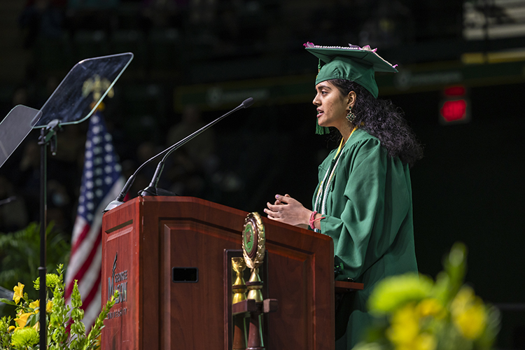 Student Speaker Shruti Sekar addresses her fellow graduates.