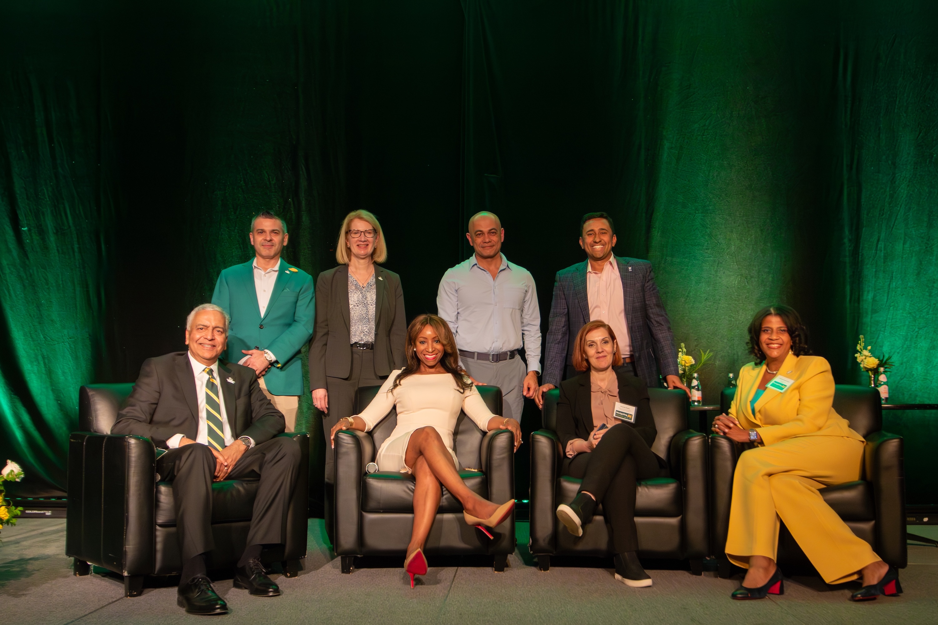 (Left to Right) Dean Ajay Vinzé, Patrick Soleymani, BS ’07, MBA ’09, Cheryl Druehl, Tasha Austin-Williams, James Suh, Amarda Shehu, Rajiv Shenoy, Guylaine Sainte Juste, BA ’94.