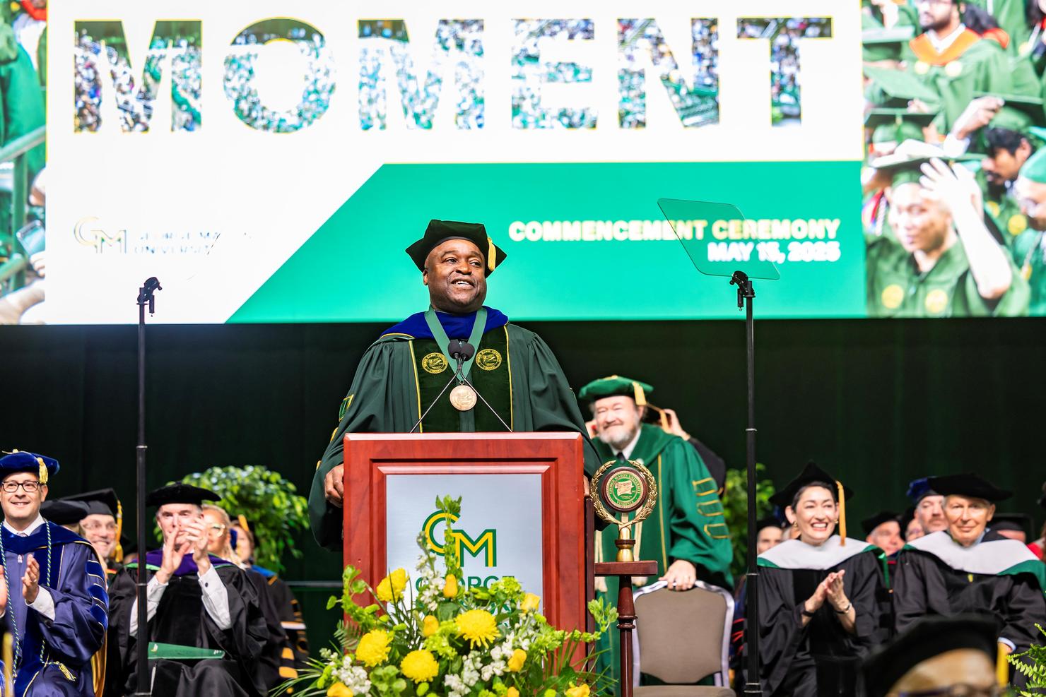 George Mason President Gregory Washington addresses the crowd at Commencement