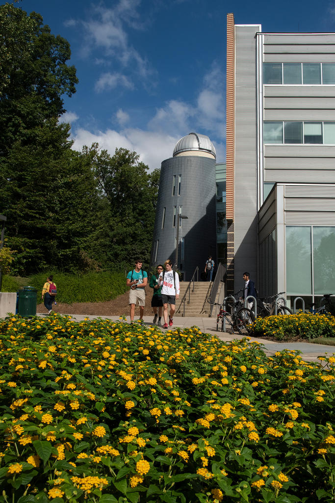 Scattered groups of students walk outside of Research Hall on a sunny day. In the foreground are a bed of yellow flowers.