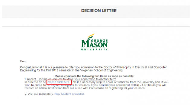 Screen capture of the decision letter as shown in the online application portal. Illustration highlights text that must be clicked to access the admission decision pane. 