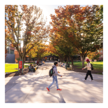 Two students walking on campus with fall trees