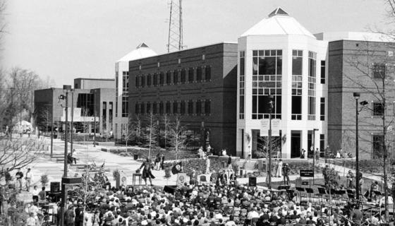 The Johnson Center in a black and white photograph from 1996