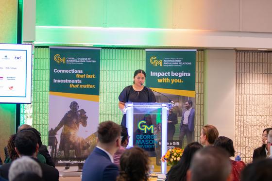 Sandra Flores, BS Business Analytics ‘23, MS Business Analytics ‘25, Historian of the Costello Alumni Chapter speaking at the Costello Scholarship Luncheon