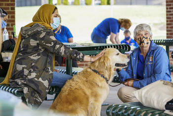 Image of golden retriever looking happy in the center of the photo. A Mason student petting the dog on the left of the photo, sitting on a green bench and wearing a camo jacket, a paper face mask, and a yellow hijab. On the right, a woman sitting on a green bench, looking straight ahead at the camera, wearing khaki pants, a blue jacket, and a blue polo.