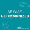 Immunization graphic from student health services. Pictured: Bandaid "Be wise, Get Immunized"
